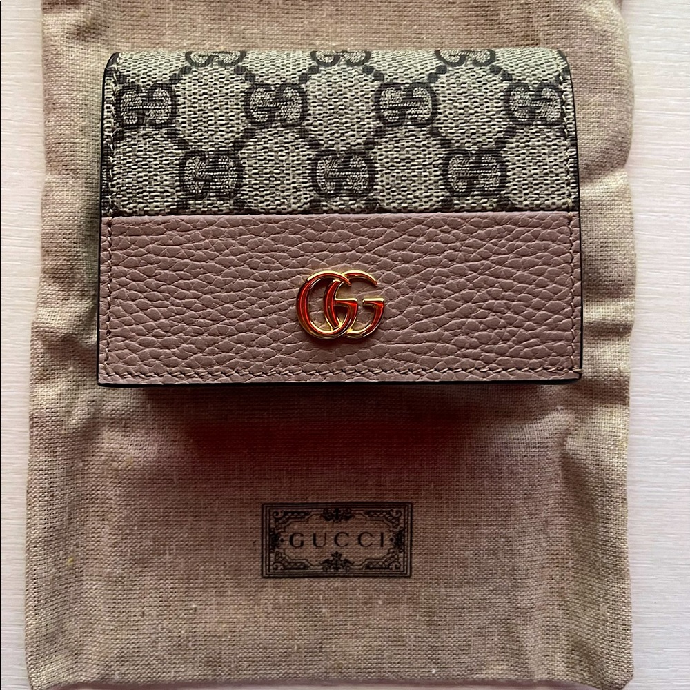 Gucci Beige Pink Marmont Gg Canvas Card Case Wallet